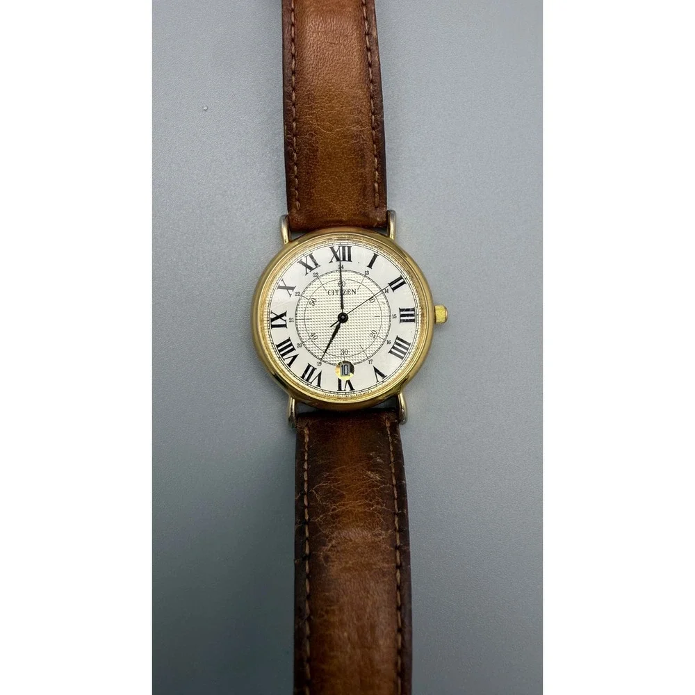 Vintage Citizen Quartz Roman Numeral Date Watch 6110A Gold Tone As Is